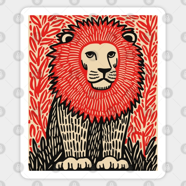 Majestic Lion Linocut Art Print - Wildlife Decor Sticker by TuncGK